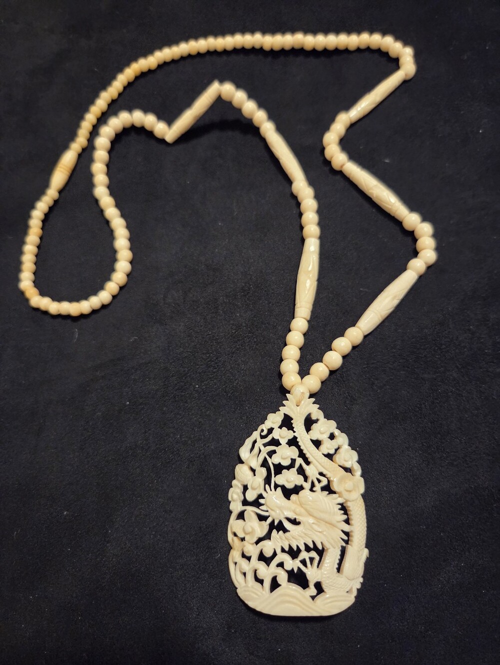 Vintage Carved Celluloid Bone Dragon Necklace